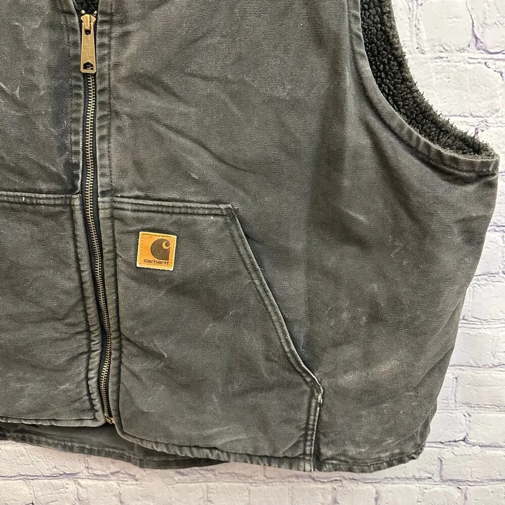 Vintage Charhartt Faded Black Sherpa Lined V Neck Zip Up Vest Men's 2XL V26 BLK - Picture 4 of 9